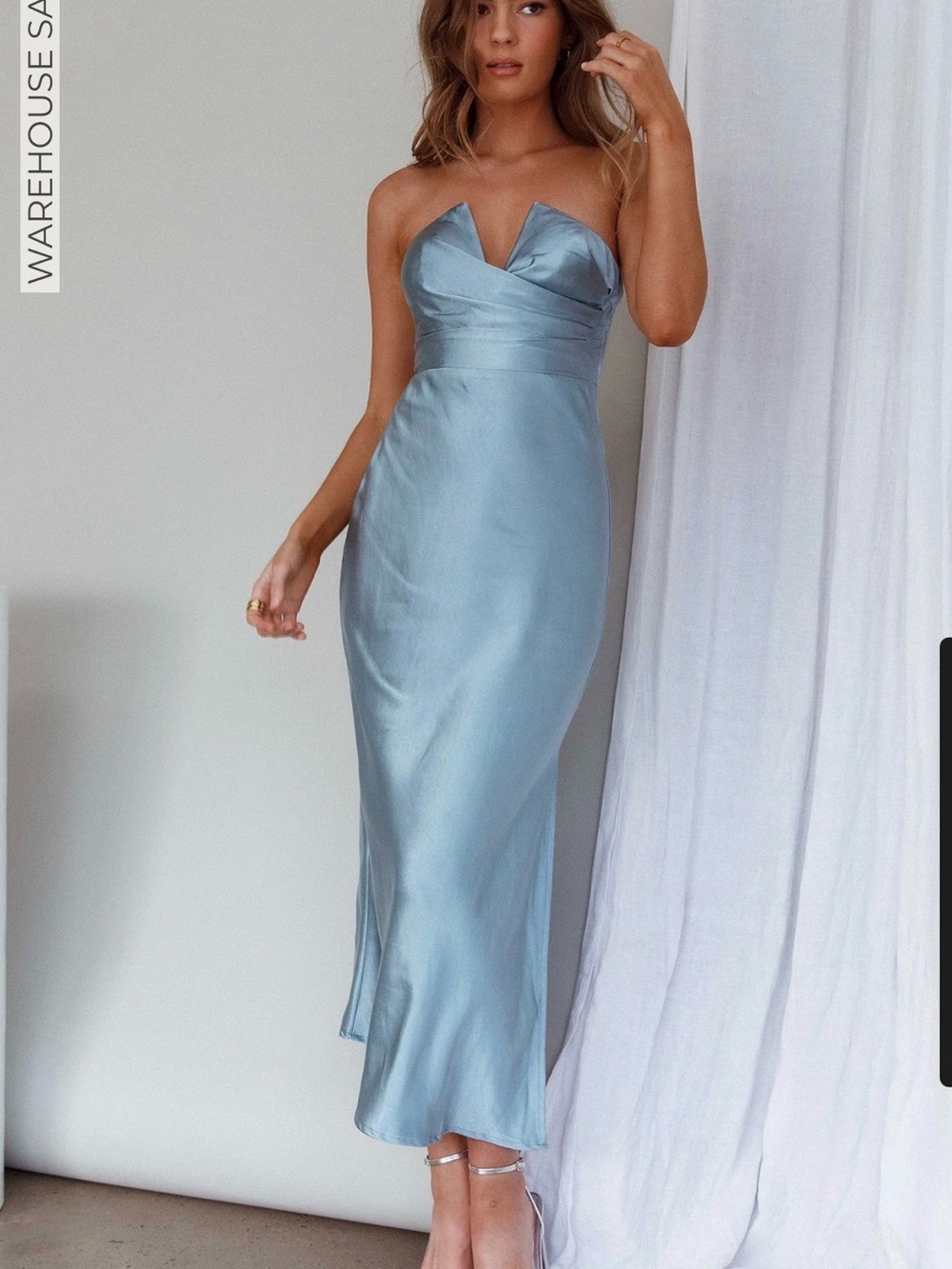 Selfie Leslie Strapless Satin Midi Dress in Powder Blue